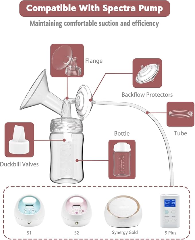 4packs 12mm Full Breast Replacement Pump Parts for Spectra S1 S2 9 Plus Synergy Gold Include 13mm Flange,Valve,Backflow Protector,Tube,Bottle,Caps, Fit for Motif Luna Cimilre Ameda MYA Pump