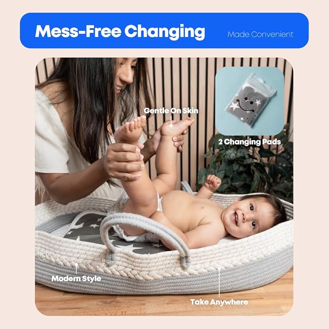 Soft & Stylish Portable Diaper Changing Basket with Changing Pad | Modern Baby Changing Pad Organizer with Waterproof Pad | Travel-Friendly Changing Basket | Ravenna