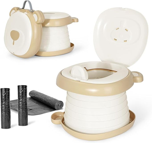 Orzbow Portable Potty Training Toilet, Travel Potty Seat for Toddler Boys Girls, Toilet Training Essentials, Foldable, Includes Free Travel Bag and Disposable Liners, Indoor/Outdoor Use, Khaki