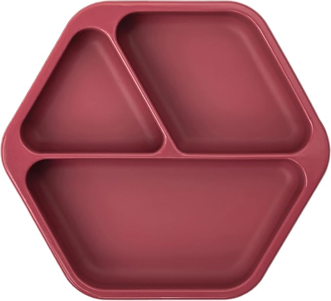 Tiny Twinkle Silicone Suction Baby Plate, Suction Grip Divided Dish for First Foods and Self-Feeding Toddlers, Baby Led Weaning Supplies for Independent Eating (Burgundy Plate)