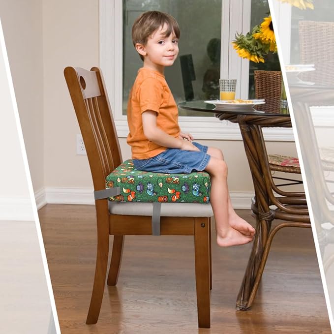 Zicac Portable Toddler Booster Seat for Dining Table, Safer Non-Slip Kids Booster Seat with Double Adjustable Straps, Washable Detachable Strong Support Increasing Cushion for Child (Animal Green)