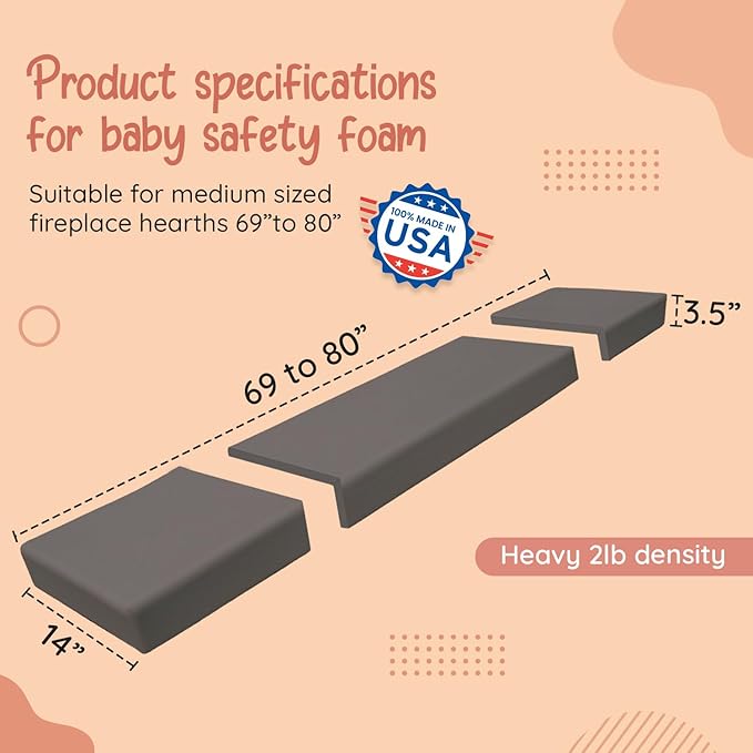 Soft Seat Edge Cushion Fireplace Hearth Guard Bumper Pad Child Proof Padding (Medium, Gray-fits Width from-69-80")