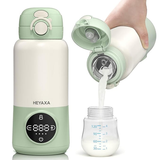 HEYAXA Portable Bottle Warmer for Travel, 15oz Capacity Baby Bottle Warmer with Fast Heating, 12000mAh Battery & Fast Charger, Pasteurization for Hygiene, Precise Temp Control, Leak-Proof