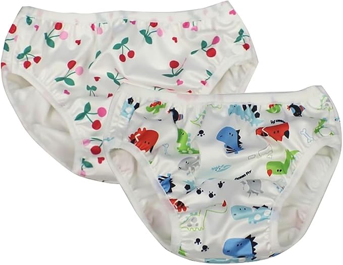 Baby Kids Swim Nappies Cover Diaper Swimming Trunks Middle-Waisted Swimming Training Pants (12-18 Months,Cherry+Dinosaurs)