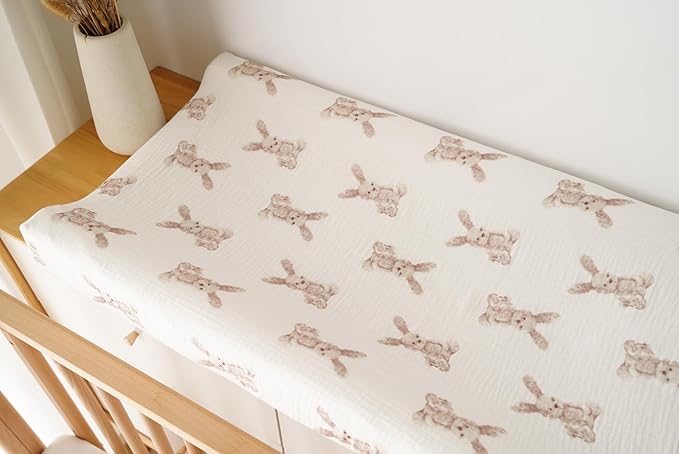 Little Jump Muslin Changing Pad Cover for Baby Girls Boys, 100% Cotton Soft Breathable Changing Table Covers, Baby Diaper Change Table Pad Cover, 2 Pack (Bunny)