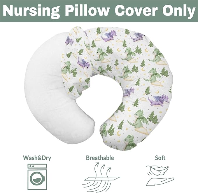 Fantasy Dragons Baby Nursing Pillow Covers for Boy Girl Fairytale Dragon Stars Trees Moon Clouds Nursery Pillowcase for Breastfeeding Pillows Cute Animal Soft Stretchy Slipcovers for Newborn Infant