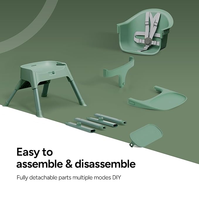 Mompush Olli 7-in-1 Convertible High Chair for Babies and Toddlers – Adjustable Height & Footrest, Dishwasher-Safe Tray, Compact Foldable Design for Easy Storage & Travel, Lightweight Yet Durable