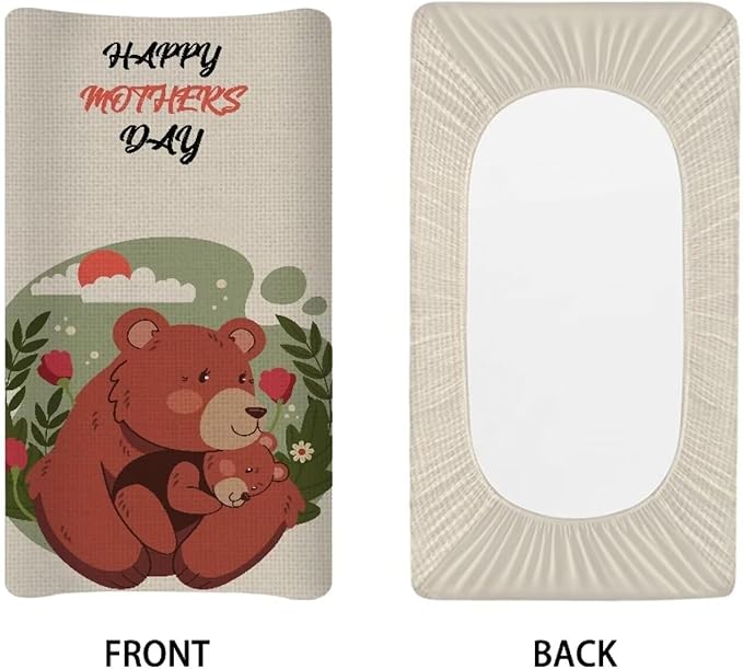 Bear Mom Change Pad Covers, Water Resistant Baby Diaper Change Table Covers Soft Contoured Pad Covers for Newborn Baby Boys Girls