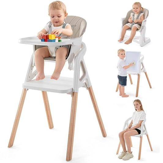 Baby High Chair, 4 in 1 Wooden Convertible High Chair for Babies and Toddlers with Erase Board, Highchair for Baby & Toddler, 5-Point Safety Belt & Waterproof PU Cushion (Beige)
