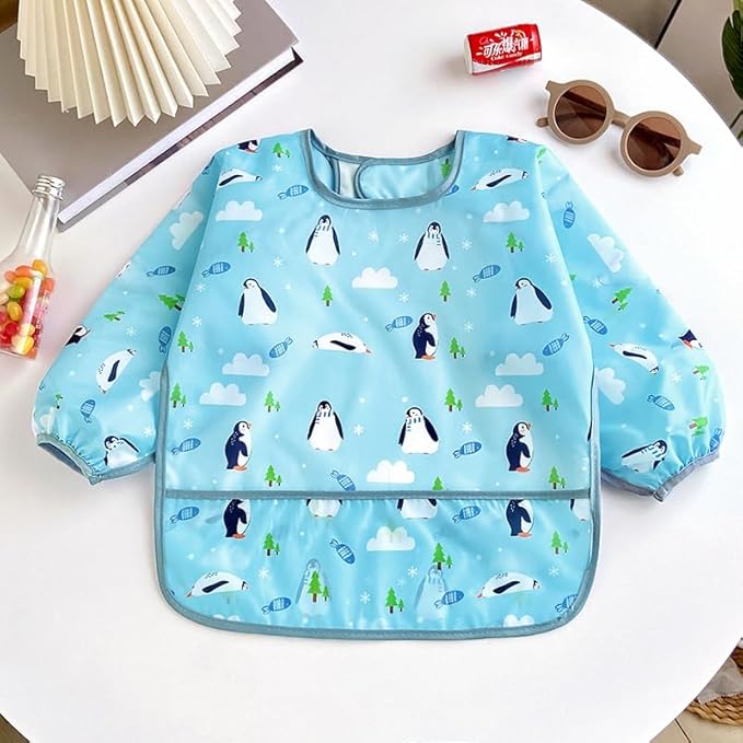 PandaEar 3 Pack Waterproof Long Sleeve Baby Bibs for Eating & Messy Play, Toddler Smock with Food Catcher Pocket, Lightweight Reusable Feeding Apron for Infant 6-36 Months (Bears, Penguins, Dinosaurs)
