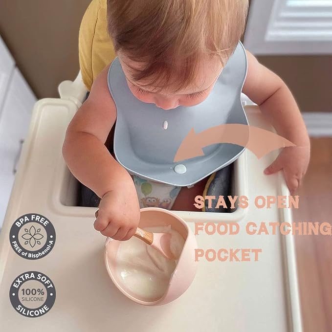 Ginbear Silicone Bibs for Babies, Waterproof Adjustable Silicon Rubber Baby Feeding Bibs with Food Catcher Pocket for Toddlers 6 Months+ (Dark Sage/Almond)