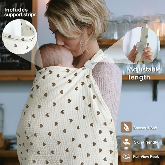 Muslin Nursing Covers for Breastfeeding, Arch Neckline Breast Feeding Covers for Women, Moms Privacy Breathable Summer Nursing Apron, Enlarged Soft Feeding Cover (Beige Khaki Heart)