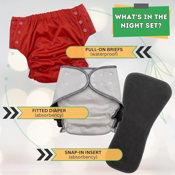 EcoAble Nighttime Cloth Diaper Set for Big Kids, Age 6–16 | Special Needs Protective Briefs for Incontinence & Bedwetting (Olive Green, Junior 2)