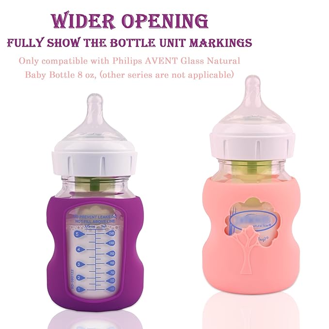 3 Pack Silicone Sleeves for Dr. Brown's Natural Glass Baby Bottles, Anti Breakage Baby Bottle Holder, Compatible Dr. Brown Wide-Neck Glass Baby Bottles 5 oz (White+Pink+Purple)