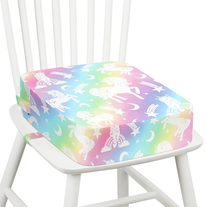 Toddler Booster Seat for Dining Table Kitchen Chair, Kids Booster Seat with Non-Slip Bottom and Adjustable Straps, 4" Detachable Washable Portable Travel Increasing Cushion (Rainbow Unicorn)