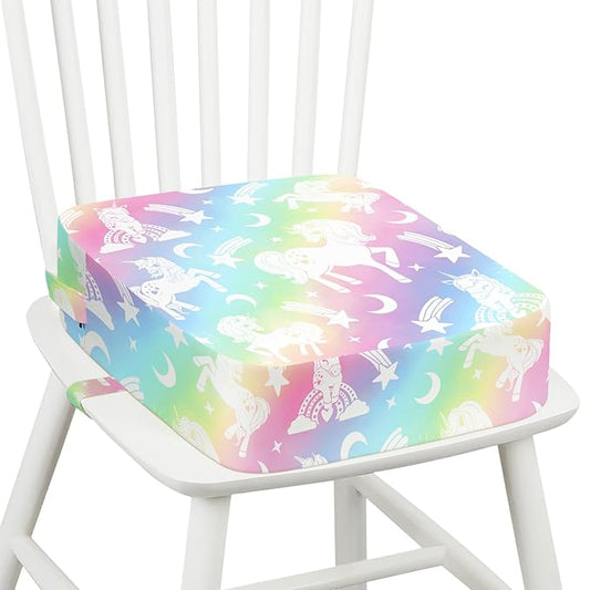 Toddler Booster Seat for Dining Table Kitchen Chair, Kids Booster Seat with Non-Slip Bottom and Adjustable Straps, 4" Detachable Washable Portable Travel Increasing Cushion (Rainbow Unicorn)