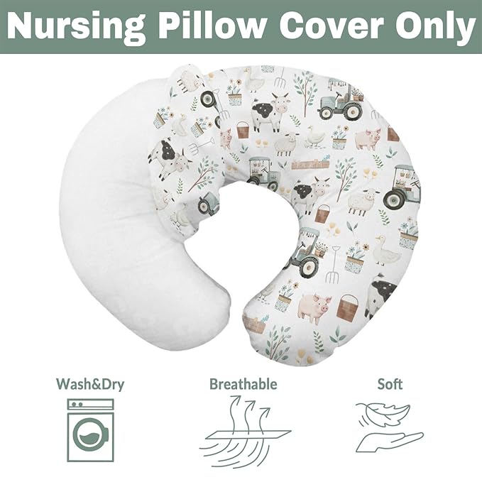 Boho Farm Animals Baby Nursing Pillow Covers for Boy Girl Lamb Cow Chicken Duck Tractor Tree Nursery Slipcovers for Breastfeeding Pillows Spring Farm Life Soft Stretchy Cover for Newborn Infant