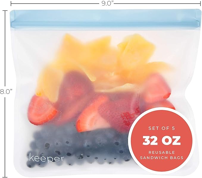 Keeper Reusable Sandwich Bags (Set of 5, 32oz) - Extra Thick Reusable Ziplock Bag For Food, Lunch Storage. Reusable Snack Bags for Kids Are Resealable. Plastic Lunch Baggies Are Washable, Freezer Safe