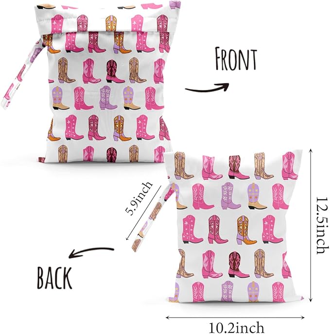 Pink Reusable Western Boots Pattern Wet Bag Waterproof Cloth Diaper Wet Dry Bag for Travel Beach Pool Daycare Soiled Toddler Items Yoga Gym - 2pcs