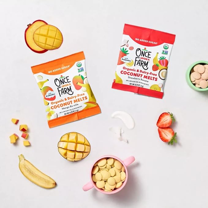 Once Upon A Farm Organic Coconut Melts Variety Pack with Probiotics, Strawberry Banana, Mango Ba-nilla, Dairy Free, Non GMO, Kosher, .25 oz (Pack of 30)
