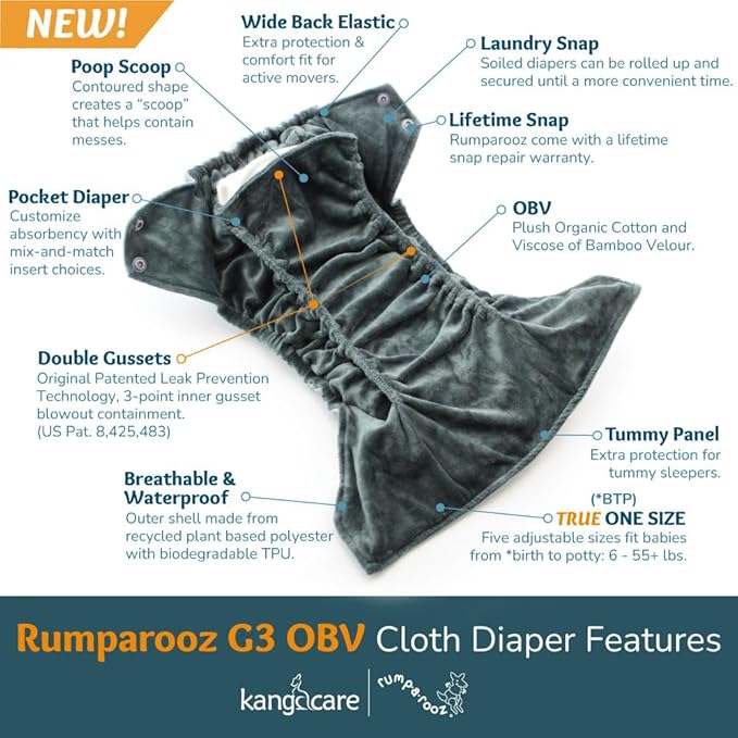Kanga Care Rumparooz G3 OBV Cloth Diaper Reusable One Size Pocket Diaper with Patented Inner Double Gusset 2 pcs Bamboo Rayon Insert Soaker | Aspenglow (6-55+ lbs)
