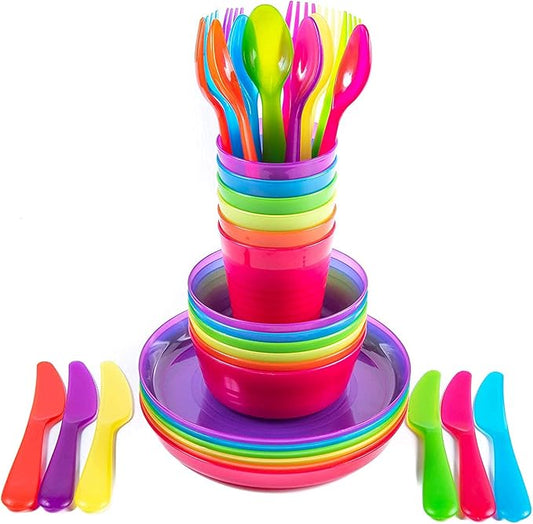 Kids Plastic Dinnerware Set of 36 Multi Color Pieces (Plates, Bowls, Cups and Flatware) - Reusable, BPA-Free, Dishwasher Safe and Microwaveable