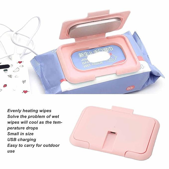 Baby Wipe Warmer, Baby Wet Wipes Dispenser, Travel Holder Refillable Ultra Thin USB Heating Wipe Case, Keep Constant Temperature, Large Capacity, Newborn Essentials, Pink