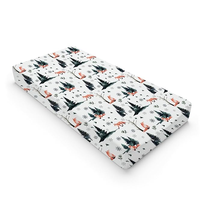 Cute Red Foxes Changing Pad Covers Winter Snow Trees Birds Change Table Pad Cover for Baby Boys Girls Soft Breathable Stretch Diaper Changing Mat Sheets 32''x16''
