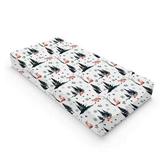 Cute Red Foxes Changing Pad Covers Winter Snow Trees Birds Change Table Pad Cover for Baby Boys Girls Soft Breathable Stretch Diaper Changing Mat Sheets 32''x16''