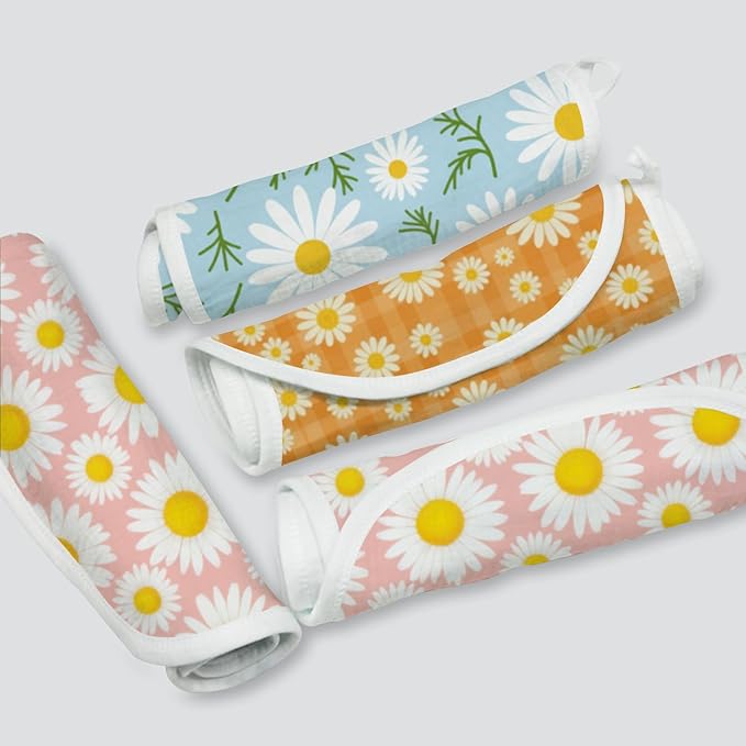 6-Pack Baby Burp Cloths with 3 Unique Daisy Prints, 100% Cotton Muslin Crinkle Burping Rags for Feeding & Spitting Up, Absorbent Newborn Washcloths, Aesthetic Gift Set