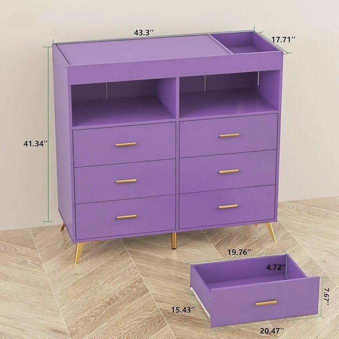 Jojoka Nursery Changing Table Dresser with LED Lighting and Charging Function, 6 Drawer Storage Dresser with 2 Open Compartments, Convertible Baby Diaper Station for Nursery and Bedroom Use