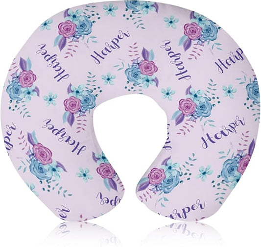 Customizable Flowers Baby Nursing Pillow Cover - Add Your Baby's Name, Ultra-Soft Stretch Fabric, Fits Standard Nursing Pillows, Ideal for Baby Showers Style 12