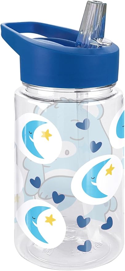 LOGOVISION Care Bears Kids Tritan Plastic Water Bottle with Straw Lid and Handle, Reusable Tumbler for Toddlers, Unisex for Girls and Boys, 12oz, Bedtime Bear Belly Pattern