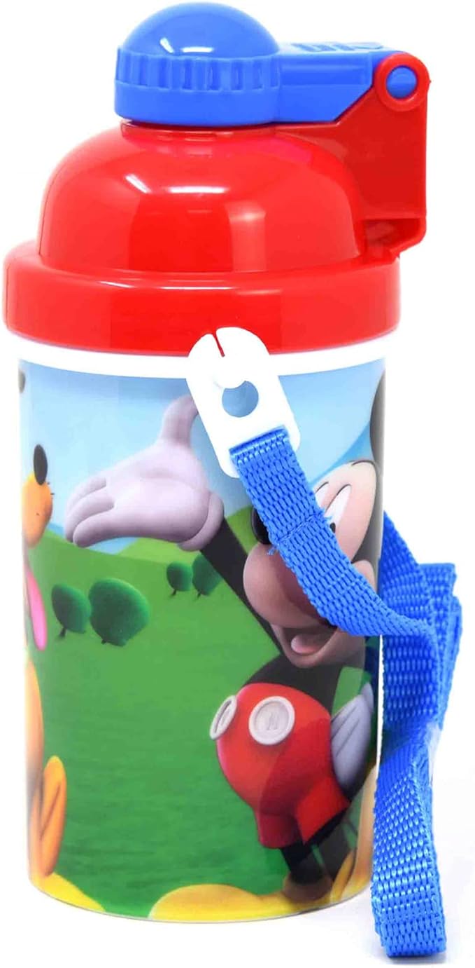 Zak Designs Disney Mickey Mouse One Touch Button Water Bottles with Reusable Built in Straw, Carrying Strap - Safe Approved BPA Free, Easy to Clean, for Kids Girls Boys, Goodies Home Travel