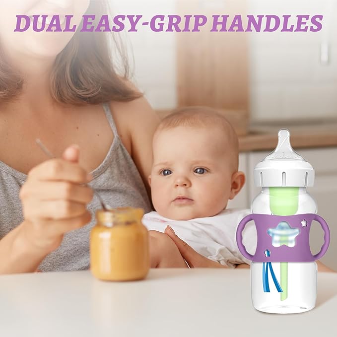 4 Pack Baby Bottle Holder for Dr Brown Wide-Neck Bottle with Easy Grip Handles Soft Silicone Star-Shaped Bottle Holder for Baby Self Feeding - BPA-Free (White Pink Purple Green)