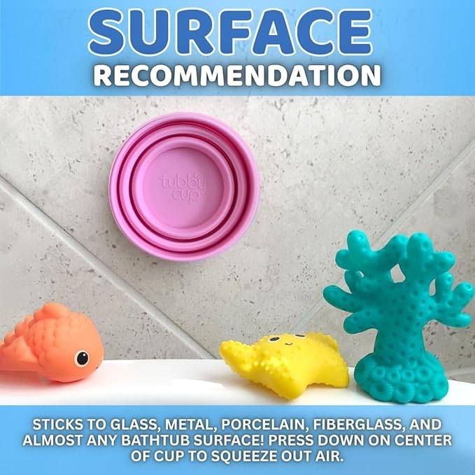 TubbyCup Toddler Bath Rinse Cup – Easy Hair Rinsing Without Tears, Suction Base Sticks to Tub, Soft Collapsible Silicone, BPA-Free (Pink)