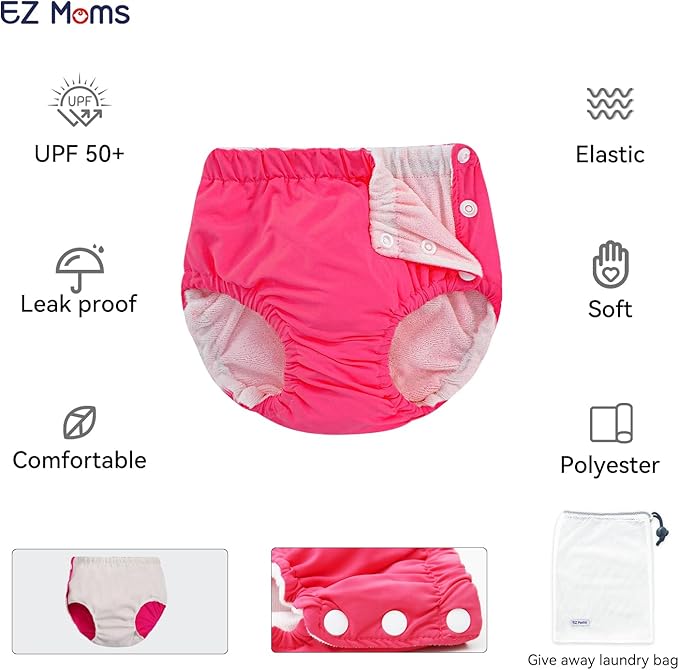 EZ Moms 2 Packs Reusable Swim Diapers Toddler Baby Swim Diaper Size 1 Washable Snap Pool Infant Swimming Diaper 12-18 Months Soft Water Diaper for Swimming Lessons Boys and Girls with a Laundry Bag