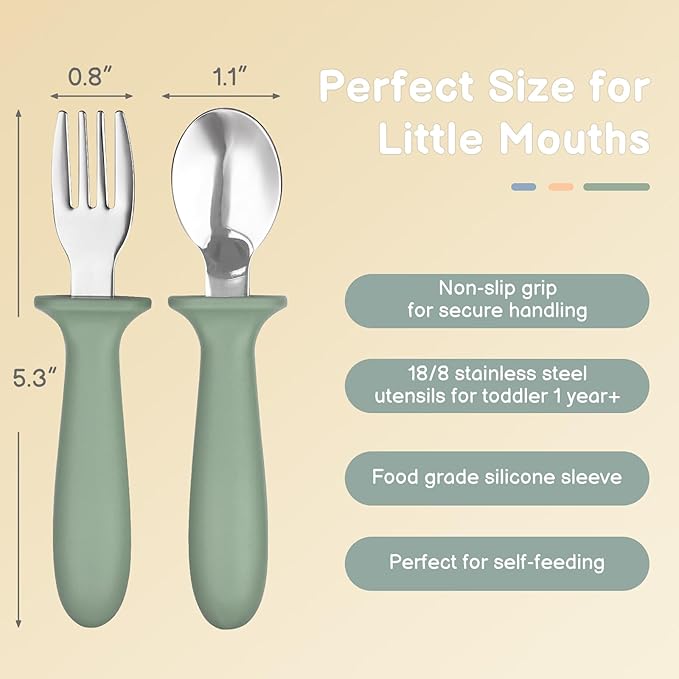 Eascrozn Toddler Utensils, 6 Pack kids Silverware Set with Silicone Handle, 18/8 Stainless Steel Children Safe Forks and Spoons, Dishwasher Safe