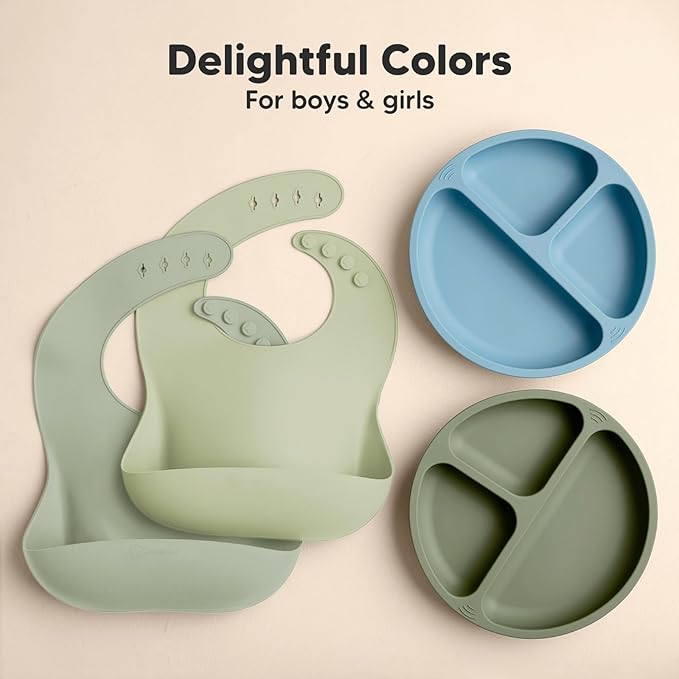 KeaBabies 2-Pack Silicone Bibs for Babies, Toddlers Girl, Boy – Sturdy Food-Grade Baby Bibs for Eating, Large Food Catcher, Clean & Put On Easily, Waterproof Toddler Feeding Essentials (Sage)