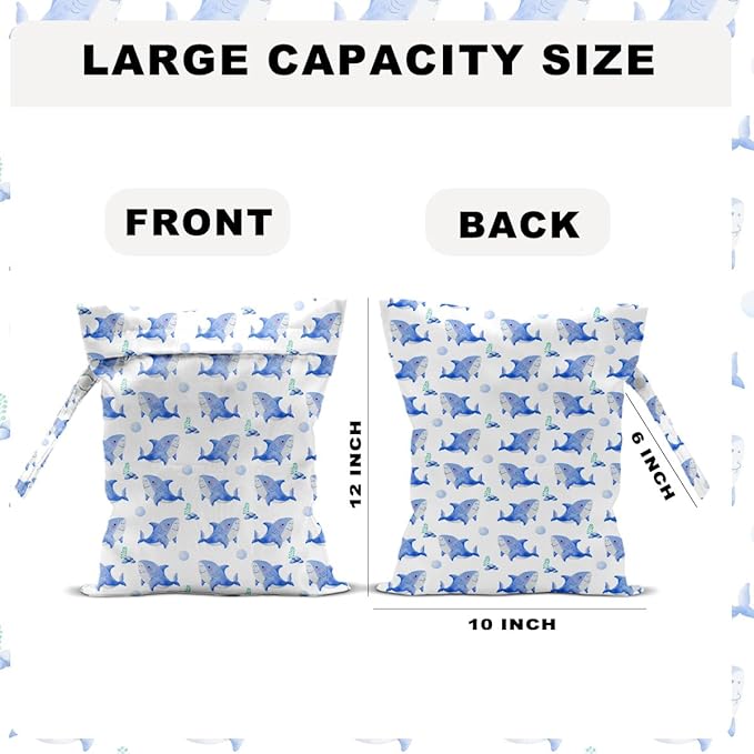 2 PCS Shark Travel Laundry Bags 12x10 Inch, Waterproof Reusable Wet Bag with Handle, Wet Dry Bag for Swimsuit Travel Beach Pool Diapers Dirty Yoga Gym Clothes Stroller Toiletries Daycare Organizer