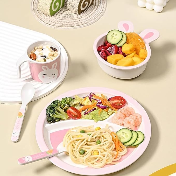 Kids Dinnerware Set, Includes Toddler Plate Bowl Tumbler and Utensils, BPA Free Bamboo Fiber Material Perfect for Little Girls (Pink - Rabbit Theme)
