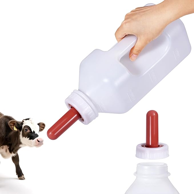 Screw Nipple Calf Bottle 2 Quart,Calf Feeding Device with Rubber Nipple & Cap,Calves Nursing Milk Feeding Bottle with Handle Livestock Supplie
