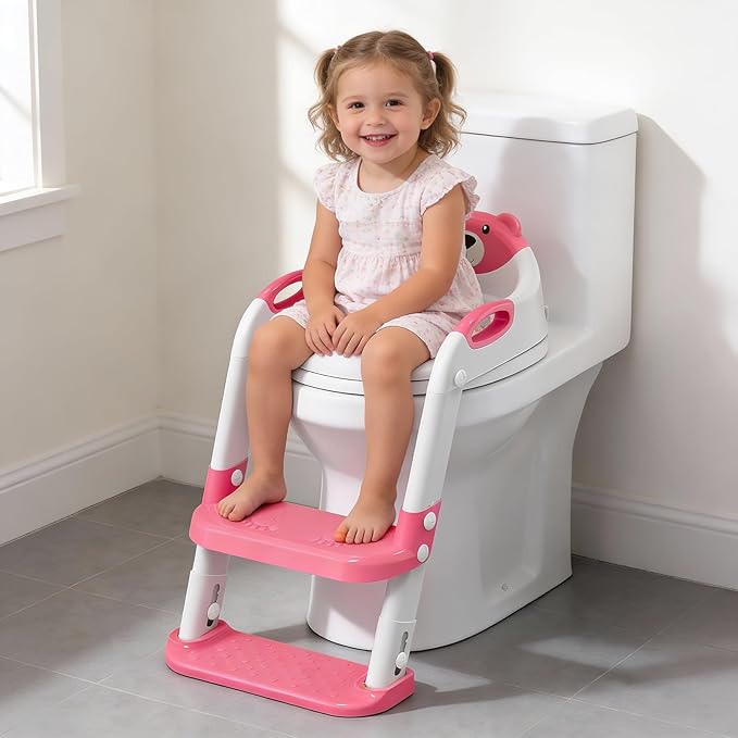 Potty Training Seat with Step Stool Ladder, Toddler Toilet Seat for Boys Girls, Adjustable 6 Heights Fits Round & Elongated Toilets, Anti-Slip Pads & Leak-Proof Guard