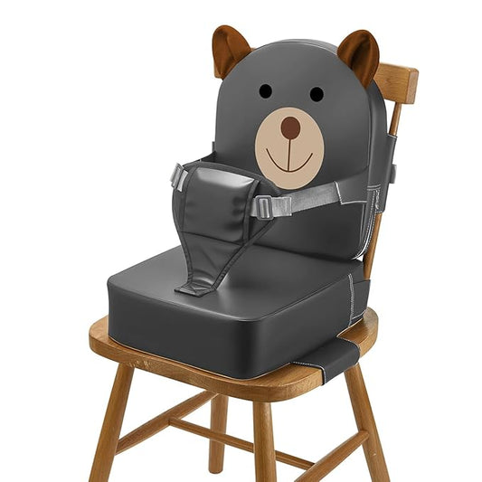 Booster Seat for Kitchen Chair, Toddler Kids Booster Seats for Dining Table with Backrest and Adjustable Strap, Portable PU Waterproof Travel Baby Booster Increasing Cushion (Dark Grey, OneSize)