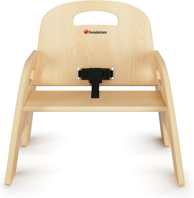 Foundations Simple Sitter 7” Low Wood Feeding Chairs, Wide No-Tip Base, Adjustable Safety Harness, Stackable Wood Toddler Chairs with Wipeable Finish, 2 Pack