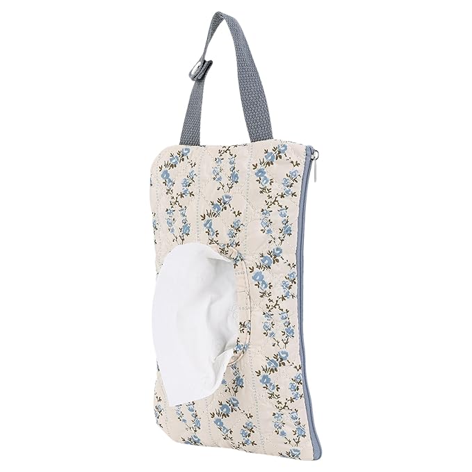 Quilted Baby Wipe Holder, Canvas Floral Quilted Pouch with Hanging Strap, Portable Diaper Wipe Holder for Travel Stroller-Blue Flower