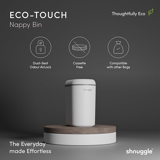 Shnuggle Changing Essentials Bundle - Squishy Changing Mat Grey + Eco-Touch Diaper Bin + Better Bag Liners - Wipeable, Odor-Locking, Eco-Friendly, No Costly Refills