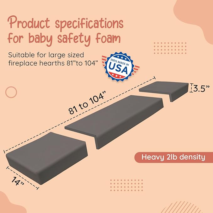 Soft Seat Edge Cushion Fireplace Hearth Guard Bumper Pad Child Proof Padding (Large, Gray-fits Width from-81-104")