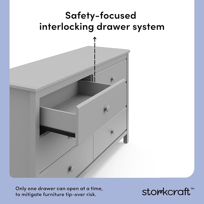 Storkcraft Alpine 6-Drawer Dresser (Pebble Gray) – GREENGUARD Gold Certified, Gray Dresser for Bedroom, Kids & Nursery Storage Drawers, Safety Interlocking Drawers, Pre-Installed Tracks, Kids Bedroom