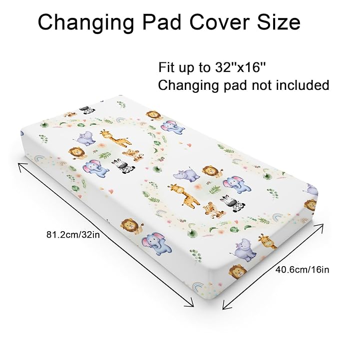 Jungle Safari Animals Tropical Leaves Flowers Changing Pad Covers Lion Elephant Zebra Giraffe Hippo Diaper Change Table Sheets for Girl Boy Soft Stretchy Fitted Changing Mat Sheets 32''x16''